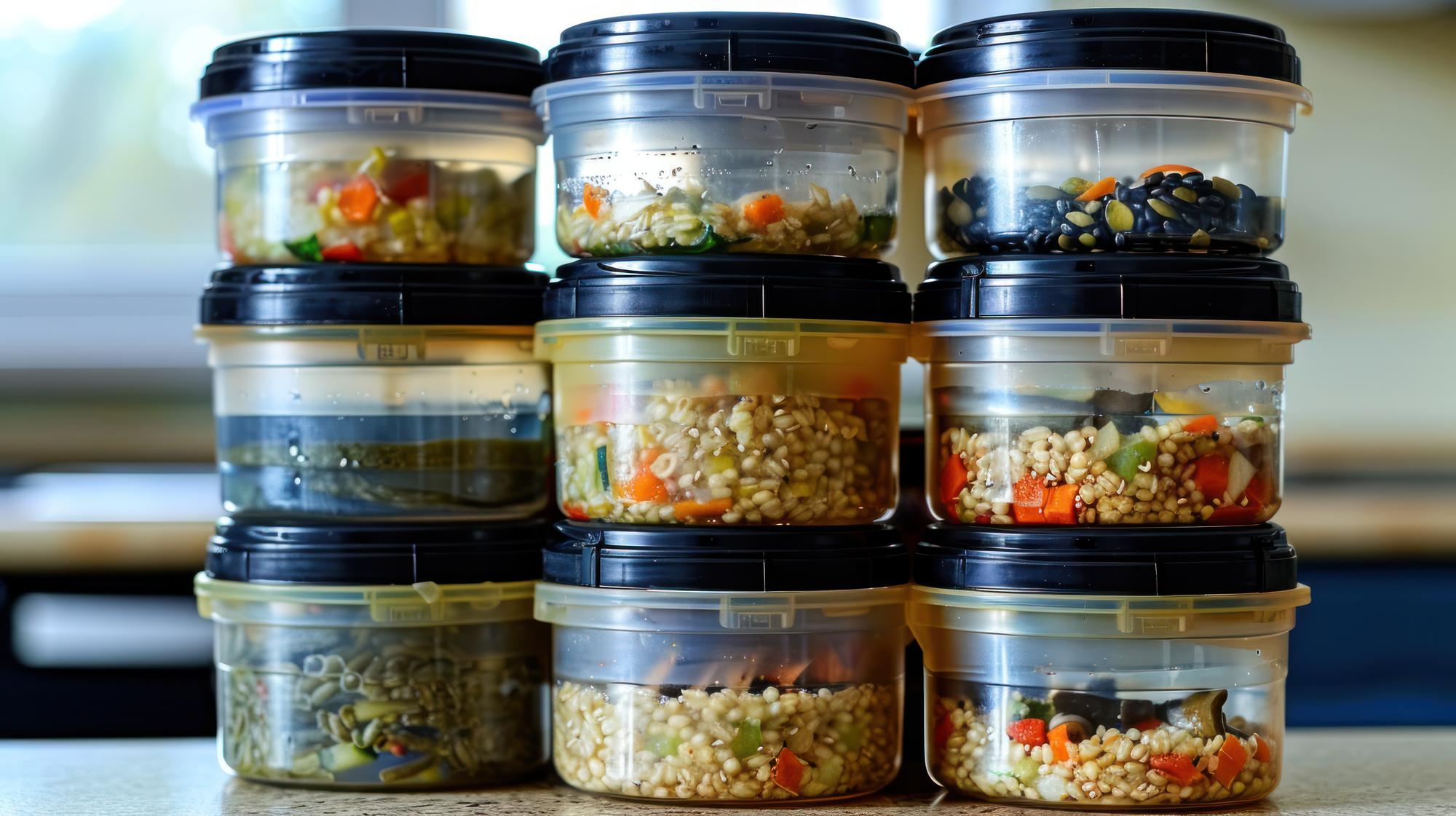stack of meal prep containers labeled